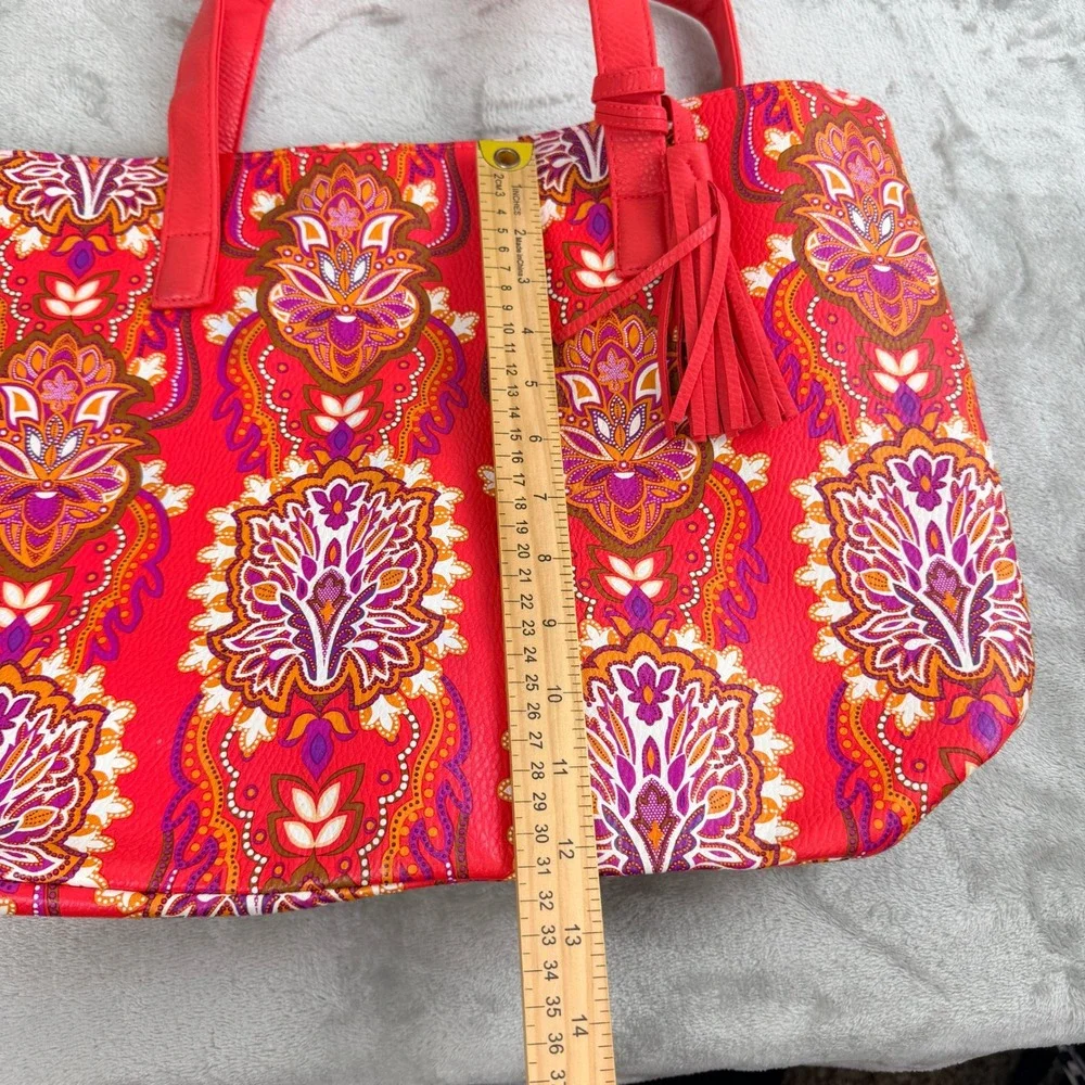 Vibrant Red Paisley Faux Leather Tote Bag with‎ Tassel Accent Large Shoulder Bag